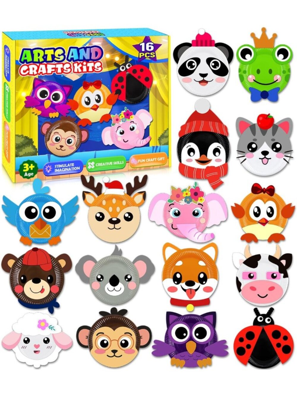 16 Pack Animal Paper Plate Craft Kit for Kids - DIY Art for Ages 3-6, Party